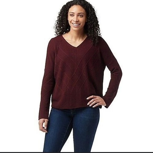 SMARTWOOL Shadow Pine Cable V-Neck Sweater BLACK CHERRY HEATHER Size XL - Picture 1 of 9
